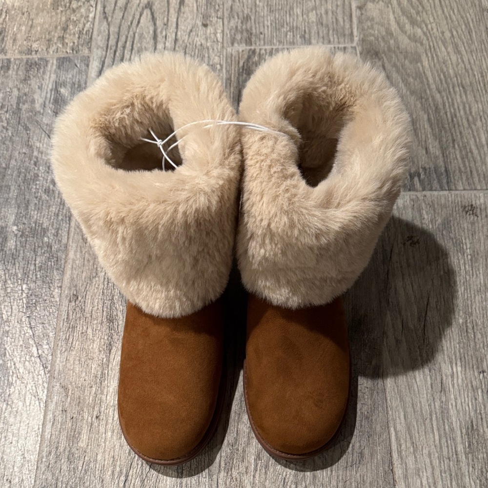 G by Guess Tan Suede Ankle Boots with Cream Faux Fur Cuff